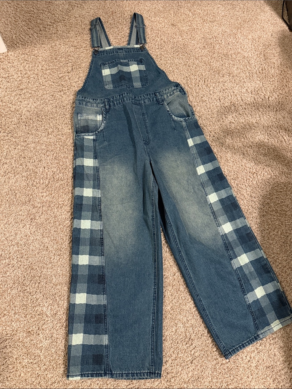 easel Blue Plaid Denim Overalls Jumpsuit